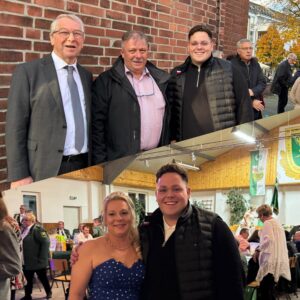 Oben: Peter Prinz (1. Stellv. Bürgermeister), Rolf Elsen (Stellv. Vorsitzender des OV Efferen) und Tim Bong (Vorsitzender des OV Efferen). Unten: Tim Bong (r.) mit der diesjährigen Schützenkönigin der St. Donatus Schützenbruderschaft Beata Geisheimer.